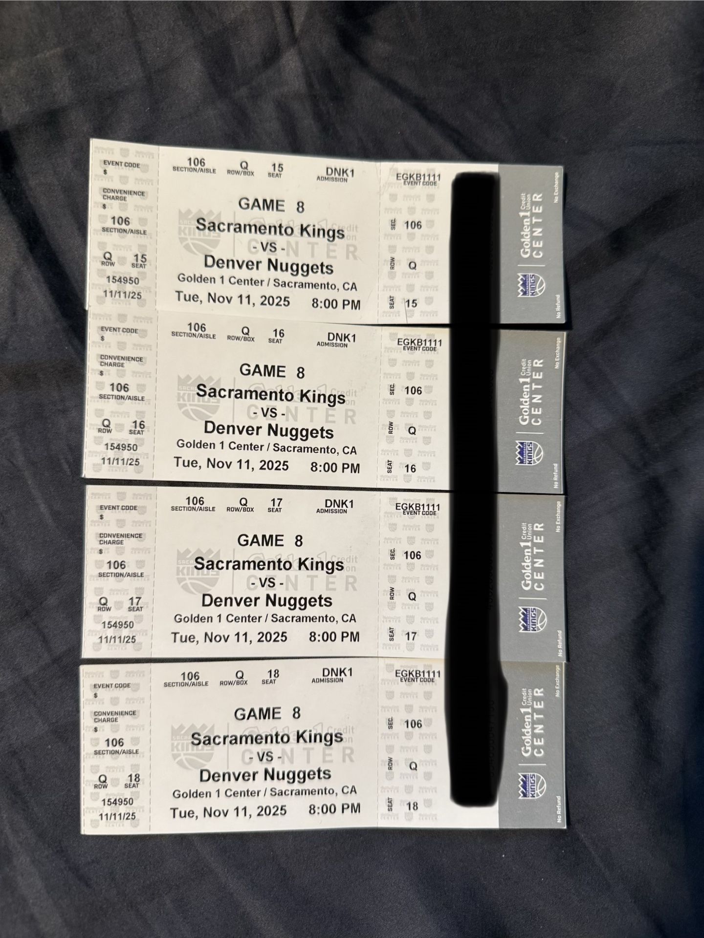 Sacramento Kings Vs Denver Nuggets Tuesday 11/11/25 $125 Each 4x Tickets