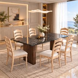 7-piece 71" Large Imitation Marble Dining Table and 6 Solid wood chairs. Brand new in box