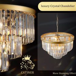 💡CATINER Modern Crystal Chandeliers,Gold 20” Round Chandeliers for Dining Room 3 Tiers 7 Lights Luxury K9 Crystal Ceiling Pendant Light Fixture🔥