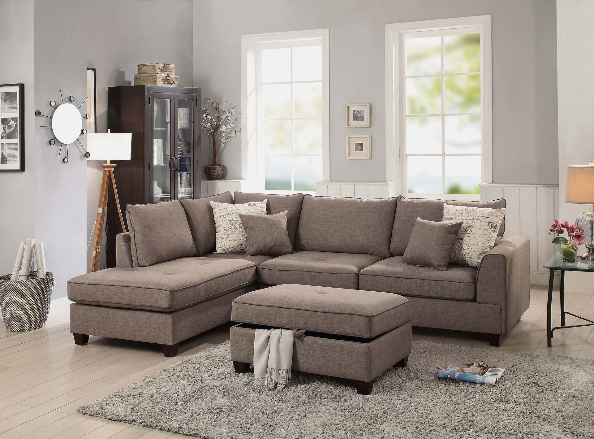 3-piece set: Reversible chaise, sofa, and storage ottoman