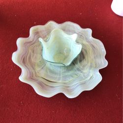 Vintage Glass Green Serving Platter And Bowl