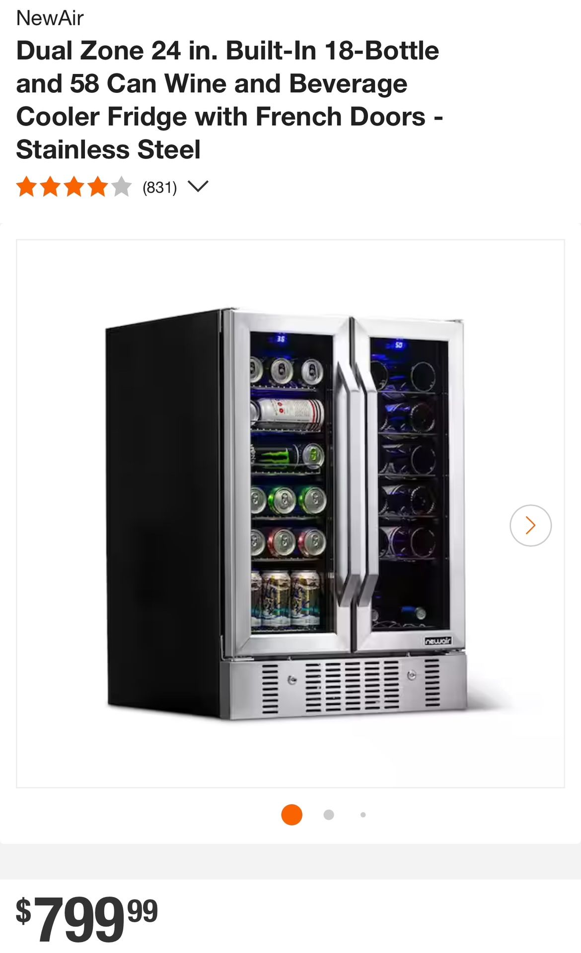 Newair Dual Zone 24 in. Built-In 18-Bottle and 58 Can Wine and Beverage Cooler Fridge with French Doors - Stainless Steel