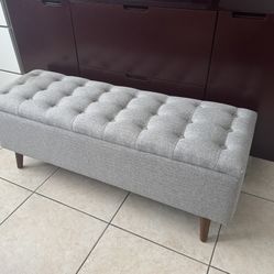 Modern Light Gray Textured Storage Bench with Button Tufting Wood Legs