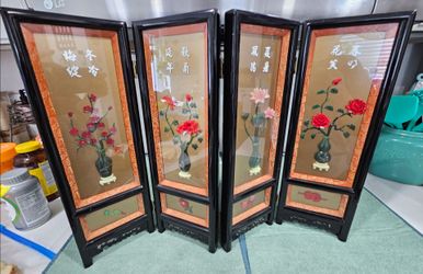 Chinese Floral Jade & Semi Stone Four Panel Table Screen Wood and Glass