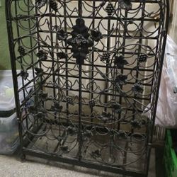 Vtg 74 bottle wrought iron wine holder double door close Grapes/leaves 54 inches tall 32 inches long