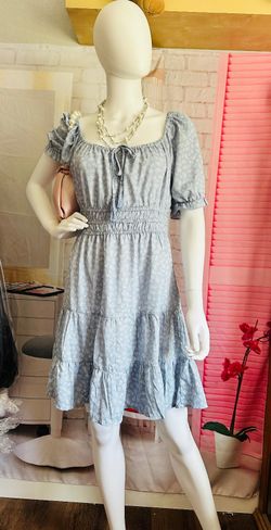 indulge Light Blue Floral Smocked Waist Off-Shoulder Dress
