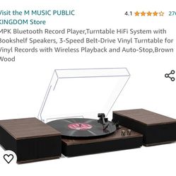 MPK Bluetooth Record Player,Turntable HiFi System with Bookshelf Speakers, 3-Speed Belt-Drive Vinyl Turntable for Vinyl Records with Wireless Playback
