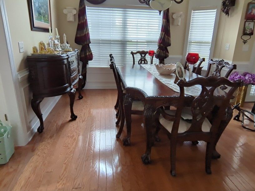 Mahogany Dining Room, 6 Chairs, Two Leaves, Buffet With Marble Top