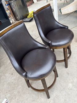 Pair of Swivel Bar Stools - Dark Brown Leather