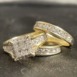 Real Gold Wedding Ring Set – 1 Engagement Ring + 2 Bands 