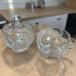 Vintage Princess House Crystal Heritage sugar bowl with lid and creamer pitcher set features a delicate etched floral pattern