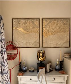 Matching Abstract Wall Art – Set of 2  Beautiful matching abstract wall art set featuring neutral tones with elegant gold accents. These pieces would