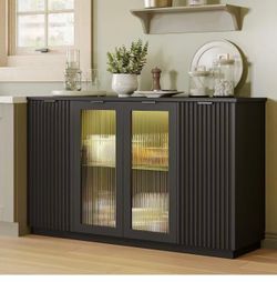 Sideboard Buffet Cabinet with Glass Doors & LED Lights