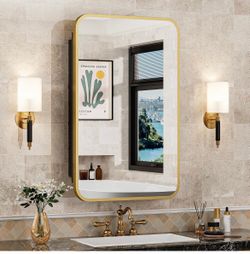 ONLY $55: 16x24 Inch Mirror Medicine Cabinet, Gold Metal Frame Bathroom Medicine Cabinet with Mirror