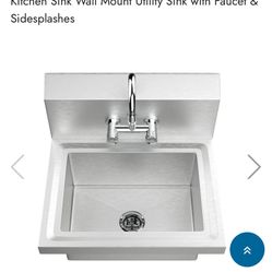 Commercial Stainless Steel Restaurant Kitchen Sink Wall Mount Utility Sink with Faucet & Sidesplashes