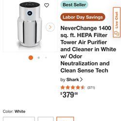 NeverChange 1400 sq. ft. HEPA Filter Tower Air Purifier and Cleaner in White w/ Odor Neutralization and Clean Sense Tech