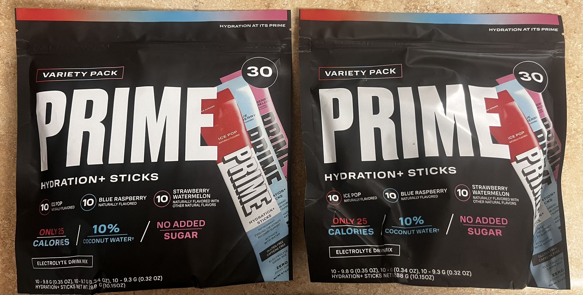 Two Variety Packs of (30) Prime Hydration Sticks, Unopened.  Best By 10/2025