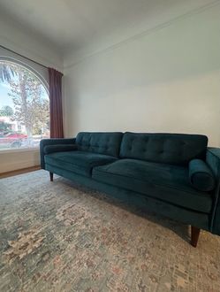 84" mid-century modern velvet couch in teal/navy