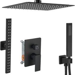 Matte Black High Pressure Shower Faucet Set with Extended Rectangular Body Spray Jet 10 Inch Ceiling Mount Shower Head Handheld Shower Combo Set with 