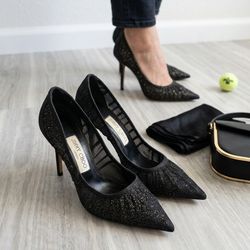 Jimmy Choo "Romy" Black Glitter & Mesh Pumps