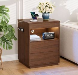 Nightstand with Hidden Compartment & USB/Type-C Charging Station - LED Lights.