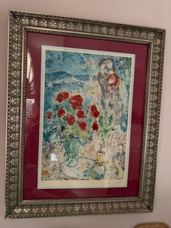 Marc Chagall Red Bouquet Lovers Lithograph Framed & Signed