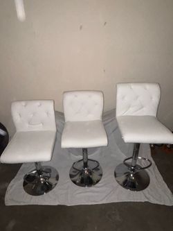 Set of 3 White Adjustable Bar Stools – Modern Tufted Chrome Base
