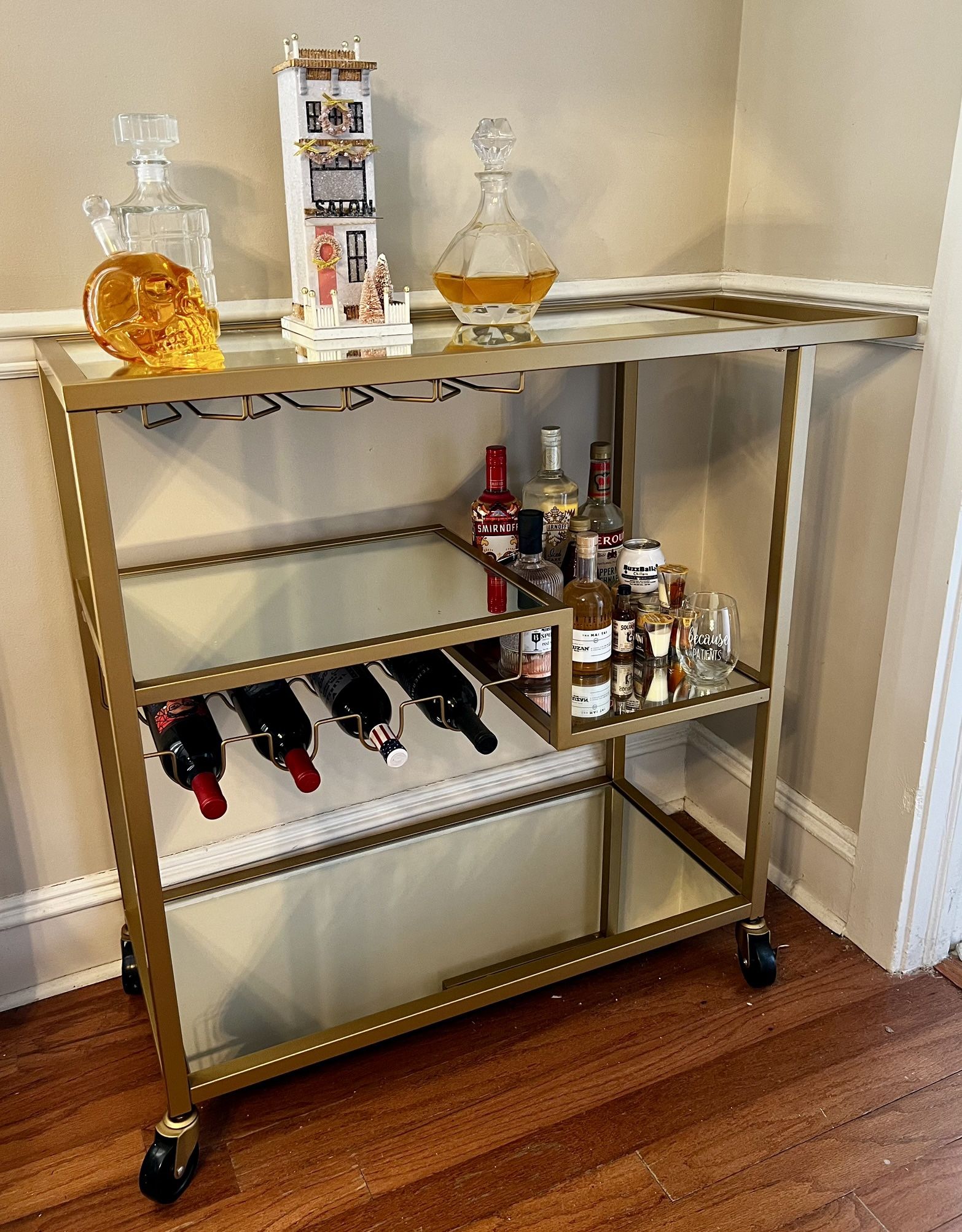 Bar Cart - Mirrored Glass Top / Gold Metal Finish