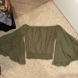 Olive Green Off-Shoulder Bell Sleeve Crop Top