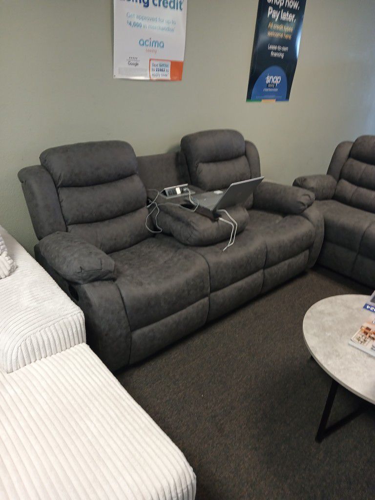 New Gray Microfiber Two-piece Reclining Sofa And Loveseat With Free Delivery