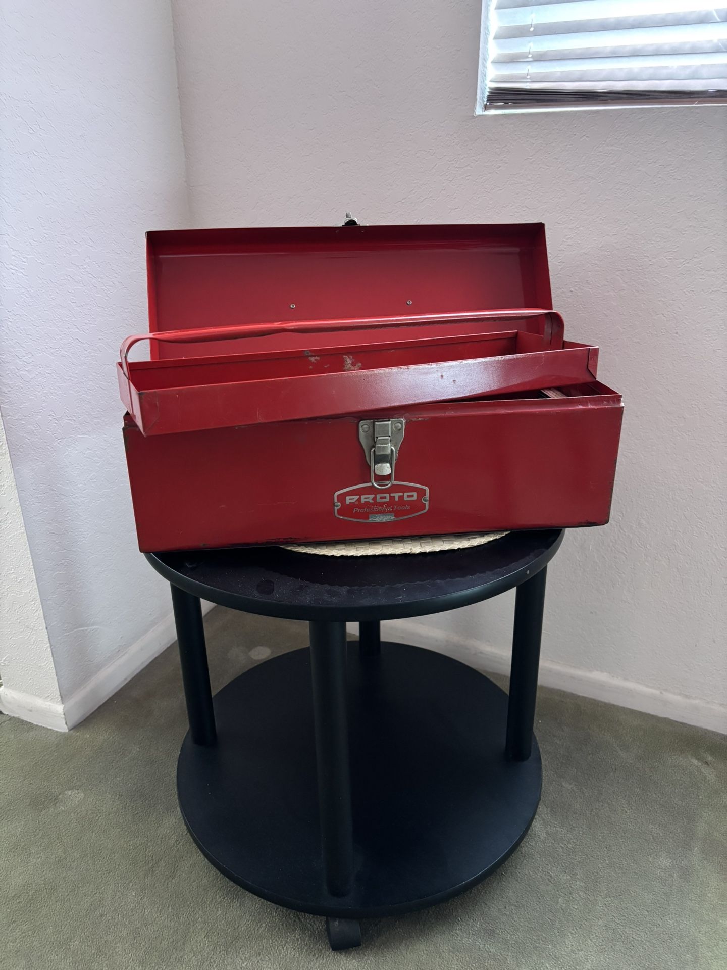 Vintage Proto Metal Red Toolbox #9955. 19”L x 7” Ht. x 7” D. 