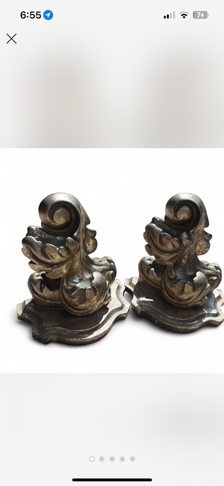Vintage Baroque-Style Gold Leaf Resin Scroll Bookends  Pair