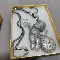 14k white gold plated Franco chain and iced out pendant