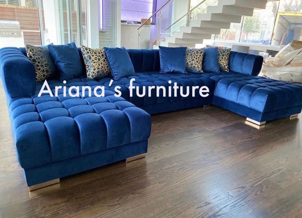 New Blue Velvet Sectional Gold Legs 144x70