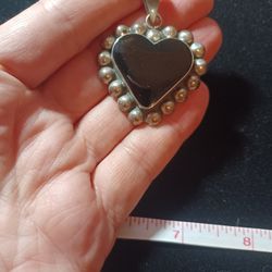 Sterling Silver & Obsidian Heart Pendant Stamped Artist FS