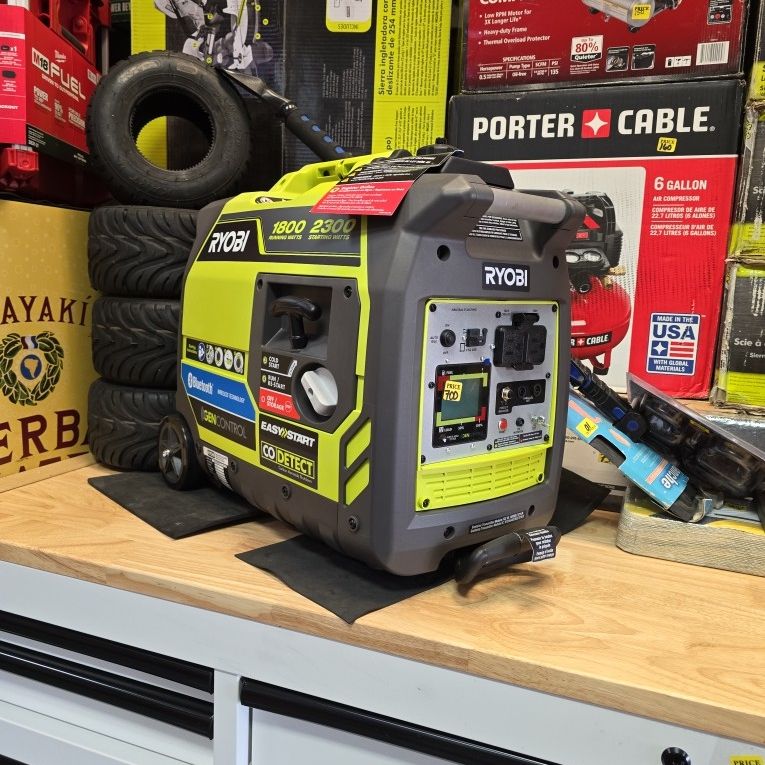 2300w Inverter Generator By Ryobi, Bluetooth, Telescoping Handle, Wheels, LED Screen, Super Quiet 57dBa, Financing Available.