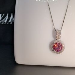 Pink 1 Carat Moissanite Pendant With 18" Silver Box Necklace
