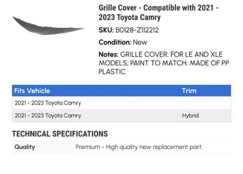 Toyota Camry hood grill molding