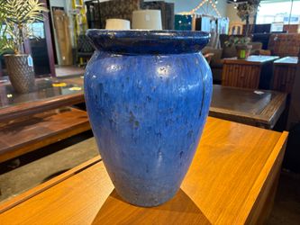 15″ Tall Sturdy Blue Ceramic Outdoor Planter