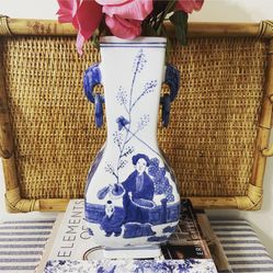 Vintage 12” H Blue and White Chinoiserie Vase with Elephant Door Knocker Handles