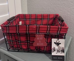 $15 - New Rae Dunn Buffalo Plaid wire basket with handles.  Joyful Merry & Blessed, measures 11” L x 6”D x 10”W.  Please pickup in the area of 36th Av