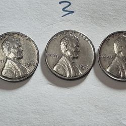 3 Vintage 1943  PDS Steel Lincoln Wheat Pennies BU