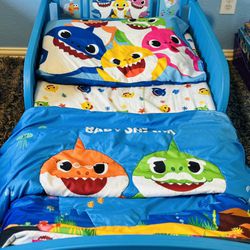 Baby Shark Toddler Bed With Like New Mattress, Mattress Protector And Baby Shark Bedsheet Set! 