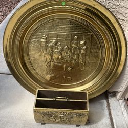 Vintage Antique 3ft 3D Embossed Ornate Brass Wall Hanging Decorative Center Art Piece & Magazine Rack 