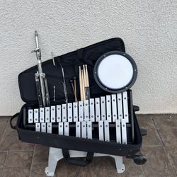 MENDINI XYLOPHONE BELL KIT W/ STAND, DRUM, MALLETS, ROLLING CASE!
