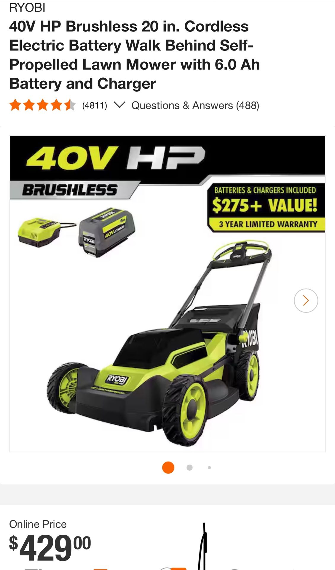 RYOBI 40V HP Brushless 20 Cordless Electric Battery Walk