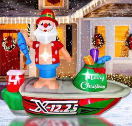 Inflatable Fishing Santa on Boat Christmas Decoration