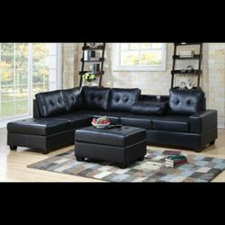 Heights Black Faux Leather Reversible Sectional with Storage Ottoman

