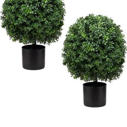 Set of 2 -Pre-Potted Artificial Potted Shrubs UV Resistant,24" Artificial Boxwood Topiary Ball Tree,for Indoor and Outdoor Home Garden(Green