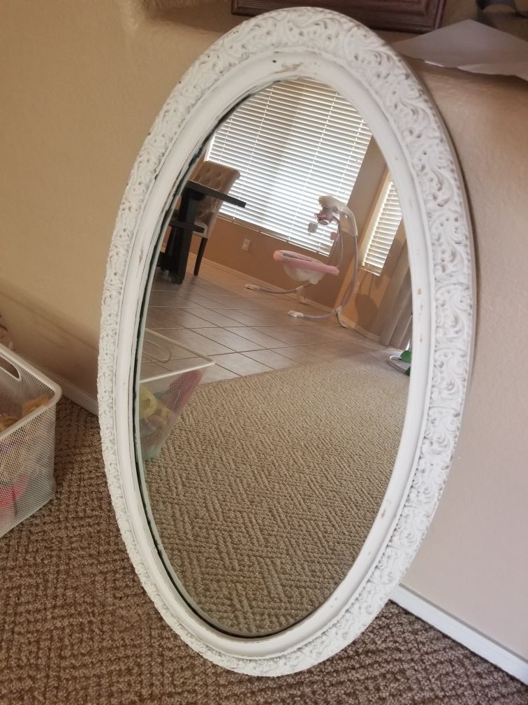 VINTAGE 16 X 32 J.A. OLSON CARVED WOOD PERMAFLECT FRAMED MIRROR